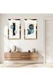 GOLD AYNALI PLEKSİ ÇERÇEVELİ BEYAZ ARKA PLANLI SOYUT RENKLİ ŞEKİLLER İKİLİ MDF TABLO SETİ