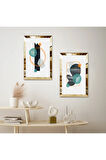 GOLD AYNALI PLEKSİ ÇERÇEVELİ BEYAZ ARKA PLANLI SOYUT RENKLİ ŞEKİLLER İKİLİ MDF TABLO SETİ