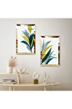 GOLD AYNALI PLEKSİ ÇERÇEVELİ BEYAZ ARKA PLANLI MODERN RENKLİ MODERN BİTKİLER İKİLİ MDF TABLO SETİ