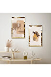 GOLD AYNALI PLEKSİ ÇERÇEVELİ RENKLİ SOYUT ÇİZİM İKİLİ MDF TABLO SETİ