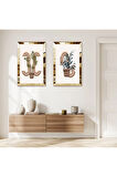 GOLD AYNALI PLEKSİ ÇERÇEVELİ BEYAZ ARKA PLANLI MODERN SOYUT BİTKİ İKİLİ MDF TABLO SETİ