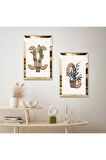 GOLD AYNALI PLEKSİ ÇERÇEVELİ BEYAZ ARKA PLANLI MODERN SOYUT BİTKİ İKİLİ MDF TABLO SETİ