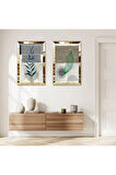 GOLD AYNALI PLEKSİ ÇERÇEVELİ RENKLİ ARKA PLANLI DEKORATİF BİTKİ İKİLİ MDF TABLO SETİ