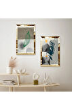 GOLD AYNALI PLEKSİ ÇERÇEVELİ RENKLİ ARKA PLANLI MODERN BİTKİ İKİLİ MDF TABLO SETİ