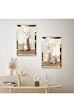 GOLD AYNALI PLEKSİ ÇERÇEVELİ KREM RENGİ MODERN VAZOLAR İKİLİ MDF TABLO SETİ