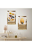 GOLD AYNALI PLEKSİ ÇERÇEVELİ SOYUT ARKA PLANLI DEKORATİF GEĞİK İKİLİ MDF TABLO SETİ