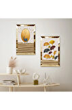 GOLD AYNALI PLEKSİ ÇERÇEVELİ SOYUT ARKA PLANLI MODERN GEĞİK İKİLİ MDF TABLO SETİ
