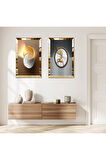 GOLD AYNALI PLEKSİ ÇERÇEVELİ RENKLİ ARKA PLANLI DEKORATİF GEĞİK İKİLİ MDF TABLO SETİ