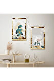 GOLD AYNALI PLEKSİ ÇERÇEVELİ SOYUT BİTKİ VE GEĞİK DEKORATİF İKİLİ MDF TABLO SETİ