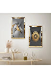 GOLD AYNALI PLEKSİ ÇERÇEVELİ GRİ ARKA PLANLI GOLD DESENLİ DEKORATİF AT İKİLİ MDF TABLO SETİ