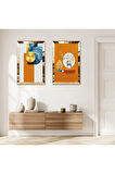 GOLD AYNALI PLEKSİ ÇERÇEVELİ TURUNCU BEYAZ SOYUT DESENLİ DEKORATİF KİLİ MDF TABLO SETİ