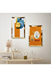 GOLD AYNALI PLEKSİ ÇERÇEVELİ TURUNCU BEYAZ SOYUT DESENLİ DEKORATİF KİLİ MDF TABLO SETİ