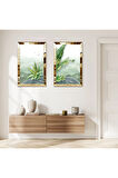 GOLD AYNALI PLEKSİ ÇERÇEVELİ YEŞİL BİTKİLER MODERN İKİLİ MDF TABLO SETİ