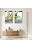 GOLD AYNALI PLEKSİ ÇERÇEVELİ DEKORATİF YEŞİL BİTKİLER İKİLİ MDF TABLO SETİ