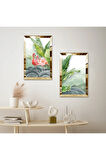 GOLD AYNALI PLEKSİ ÇERÇEVELİ DEKORATİF YEŞİL BİTKİLER İKİLİ MDF TABLO SETİ