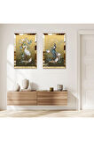 GOLD AYNALI PLEKSİ ÇERÇEVELİ LEYLEKLER DEKORATİF İKİLİ MDF TABLO SETİ