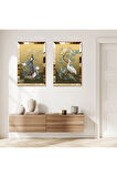 GOLD AYNALI PLEKSİ ÇERÇEVELİ LEYLEKLER İKİLİ MDF TABLO SETİ