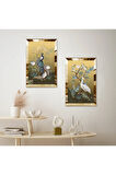 GOLD AYNALI PLEKSİ ÇERÇEVELİ LEYLEKLER İKİLİ MDF TABLO SETİ