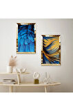 GOLD AYNALI PLEKSİ ÇERÇEVELİ MAVİ TÜYLER VE MAVİ ALTIN KUM DESENLİ İKİLİ MDF TABLO SETİ