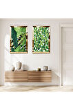 GOLD AYNALI PLEKSİ ÇERÇEVELİ YEŞİL BİTKİLER VE YAPRAKLAR İKİLİ MDF TABLO SETİ