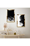 GOLD AYNALI PLEKSİ ÇERÇEVELİ SİYAH ÜZERİ BEYAZ VE GRİ SOYUT DESENLİ İKİLİ MDF TABLO SETİ