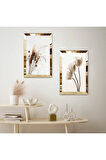 GOLD AYNALI PLEKSİ ÇERÇEVELİ BEYAZ ARKA PLANLI BEYAZ GÜLLER VE BİTKİLER İKİLİ MDF TABLO SETİ