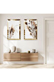 GOLD AYNALI PLEKSİ ÇERÇEVELİ BEYAZ ARKA PLANLI DEKORATİF BİTKİLER İKİLİ MDF TABLO SETİ