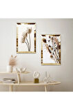 GOLD AYNALI PLEKSİ ÇERÇEVELİ BEYAZ ARKA PLANLI BİTKİLER İKİLİ MDF TABLO SETİ