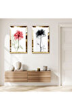 GOLD AYNALI PLEKSİ ÇERÇEVELİ BEYAZ ARKA PLANLI PEMBE VE SİYAH GÜLLER İKİLİ MDF TABLO SETİ