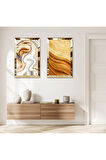 GOLD AYNALI PLEKSİ ÇERÇEVELİ RENKLİ SOYUT KUM DESENLİ İKİLİ MDF TABLO SETİ