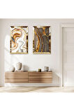 GOLD AYNALI PLEKSİ ÇERÇEVELİ GRİ ALTIN VE BEYAZ KUM DESENLİ İKİLİ MDF TABLO SETİ