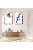 GOLD AYNALI PLEKSİ ÇERÇEVELİ BEYAZ ARKA PLANLI MAVİ KUŞ VE MAVİ ÇİÇEK İKİLİ MDF TABLO SETİ