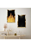 GOLD AYNALI PLEKSİ ÇERÇEVELİ SİYAH ARKA PLANLI ALTIN AĞAÇLAR VE ALTIN PIRILTILI İKİLİ MDF TABLO SETİ