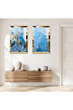 GOLD AYNALI PLEKSİ ÇERÇEVELİ MAVİ VE ALTIN SOYUT DESENLİ İKİLİ MDF TABLO SETİ