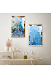 GOLD AYNALI PLEKSİ ÇERÇEVELİ MAVİ VE ALTIN SOYUT DESENLİ İKİLİ MDF TABLO SETİ