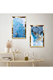 GOLD AYNALI PLEKSİ ÇERÇEVELİ MAVİ ÜZERİ ALTIN PÜSKÜRTMELİ İKİLİ MDF TABLO SETİ