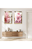 GOLD AYNALI PLEKSİ ÇERÇEVELİ BEYAZ PEMBE GÜLLER VE ÇİÇEKLER İKİLİ MDF TABLO SETİ
