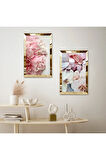 GOLD AYNALI PLEKSİ ÇERÇEVELİ BEYAZ VE PEMBE ÇİÇEKLER İKİLİ MDF TABLO SETİ