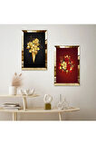 GOLD AYNALI PLEKSİ ÇERÇEVELİ ALTIN KIRMIZI GÜL BUKETLERİ İKİLİ MDF TABLO SETİ