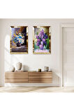 GOLD AYNALI PLEKSİ ÇERÇEVELİ YAĞLI BOYA GÖRÜNÜMLÜ RENKLİ ÇİÇEKLER VE VAZOLAR İKİLİ MDF TABLO SETİ