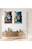 GOLD AYNALI PLEKSİ ÇERÇEVELİ YAĞLI BOYA GÖRÜNÜMLÜ RENKLİ ÇİÇEKLİ VAZOLAR İKİLİ MDF TABLO SETİ