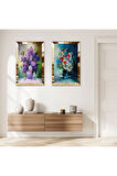 GOLD AYNALI PLEKSİ ÇERÇEVELİ YAĞLI BOYA GÖRÜNÜMLÜ VE MOR MAVİ VAZO İKİLİ MDF TABLO SETİ