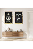 GOLD AYNALI PLEKSİ ÇERÇEVELİ GRİ ARKA PLANLI GÜMÜŞ 3 HİLAL VE AY YILDIZ BOZKURT İKİLİ MDF TABLO SETİ