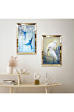 GOLD AYNALI PLEKSİ ÇERÇEVELİ MAVİ KUŞLAR VE BEYAZ LEYLEKLER İKİLİ MDF TABLO SETİ