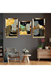 Soyut Desen Yaprak Gold Pleksi Kenar Üçlü Mdf Tablo Seti