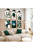 Gümüş Aynalı Pleksi Çerçeveli Modern Yeşil Çizim Soyut Tema Altılı Mdf Tablo Seti