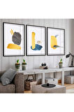 Siyah Metal Çerçeveli Soyut Desen Şekiller Üçlü Kırılmaz Cam Tablo Seti