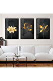 Gold Metal Çerçeveli Soyut Desen Çiçek Üçlü Kırılmaz Cam Tablo Seti