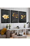 Gold Metal Çerçeveli Soyut Desen Çiçek Üçlü Kırılmaz Cam Tablo Seti