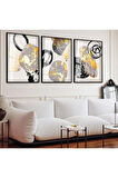 Gold Metal Çerçeveli Soyut Desen Üçlü Kırılmaz Cam Tablo Seti